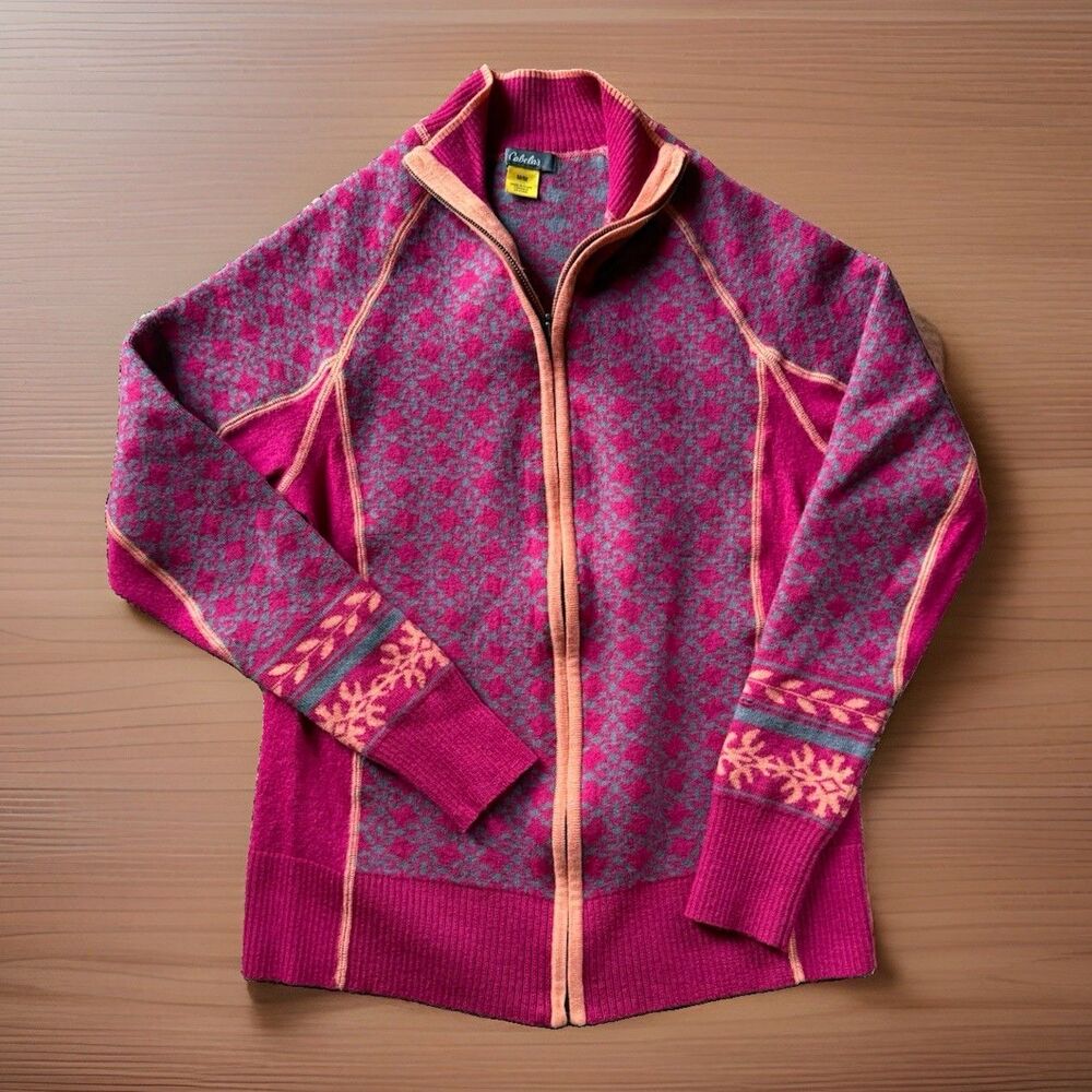 🔥NEW-Cabelas Merino Wool Cardigan Sweater Full Zip Aztec Pink Wine Women’s M
